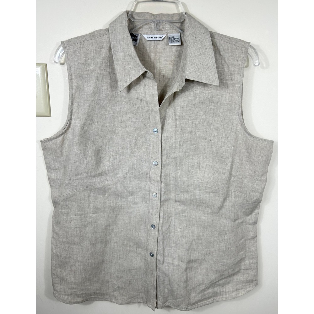 Richard Malcolm Button Down Top Women XL Beige Irish Linen Sleeveless Coastal